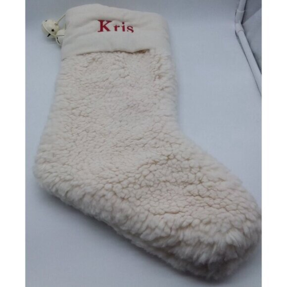 Pottery Barn Kris Faux Sheepskin with Bells Christmas Holiday Stocking Cream - Picture 10 of 10